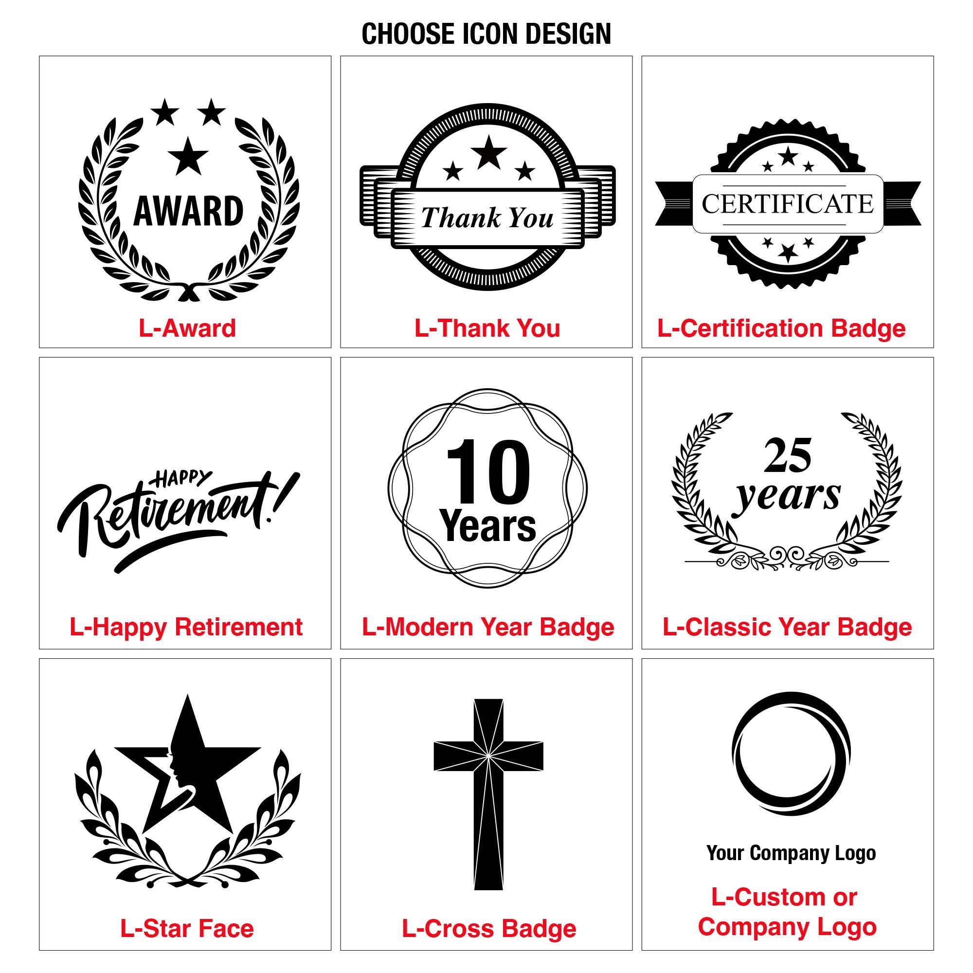 Icon design choices include: Award with laurel wreath, Thank You with banners, Certificate with stars, Happy Retirement script, 10 Years and 25 Years circular badges, a star in laurel, a cross symbol, and customizable company logo options.
