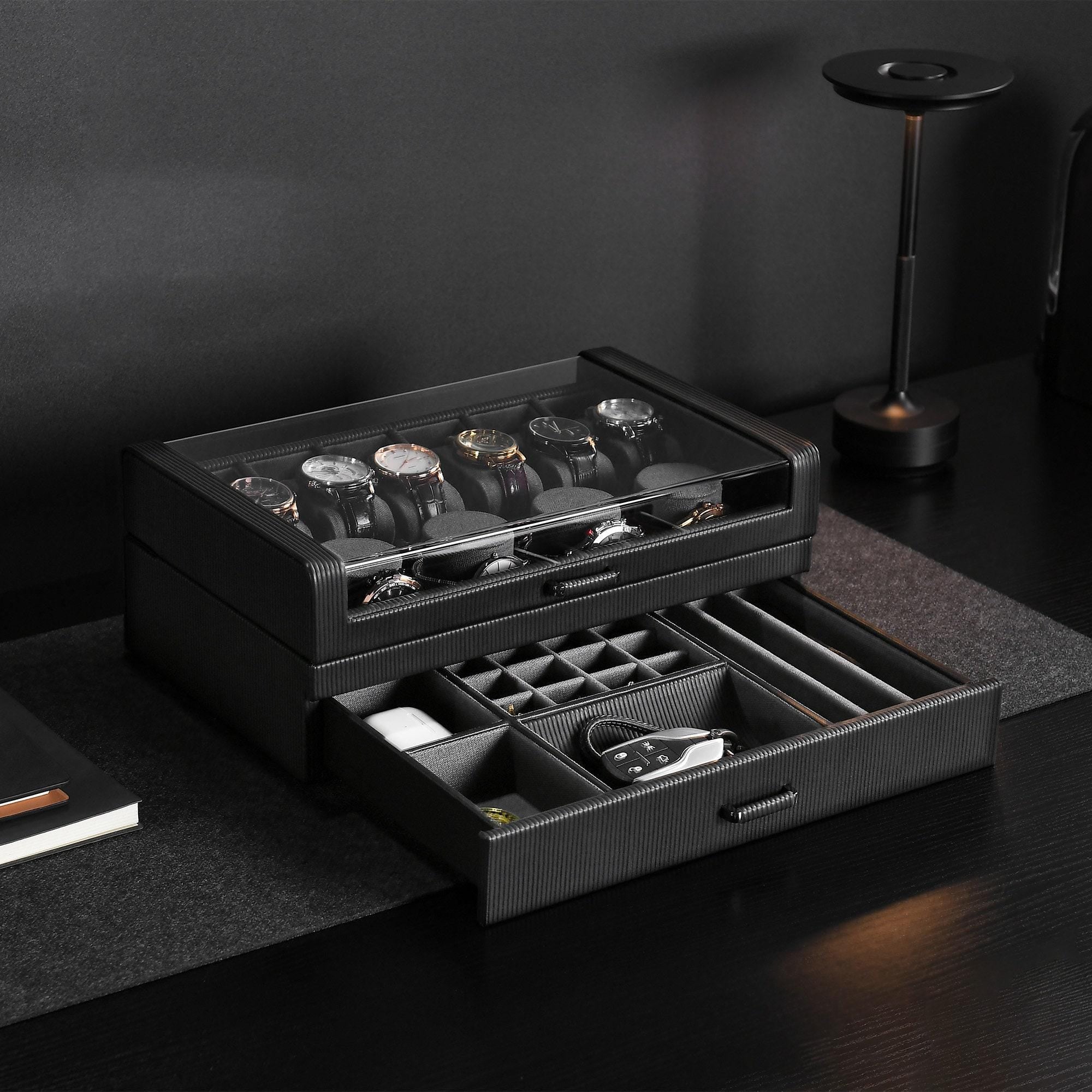 Personalized Watch Box for Men Large Leather Watch Case with Acrylic Top 10 Watch Mens Gift