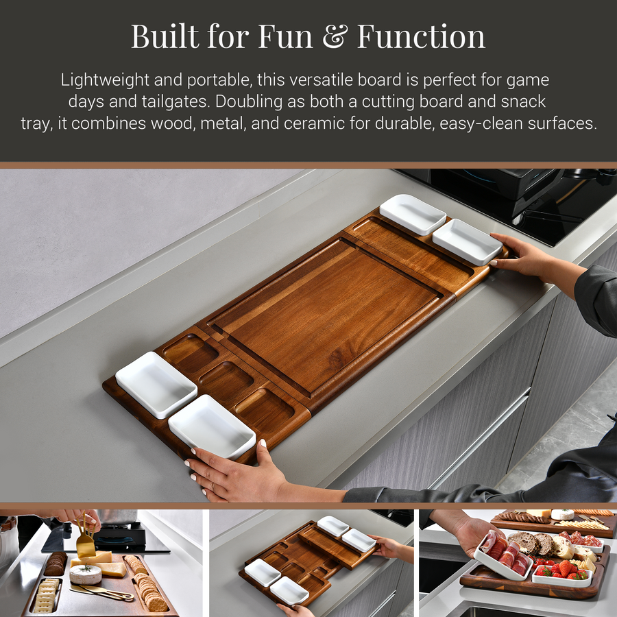 a person is putting food in a tray on a counter