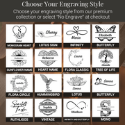 a collection of personalized engraved designs, including names, initials, and floral motifs, presented in a grid format.