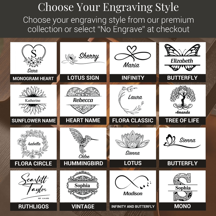 a collection of personalized engraved designs, including names, initials, and floral motifs, presented in a grid format.