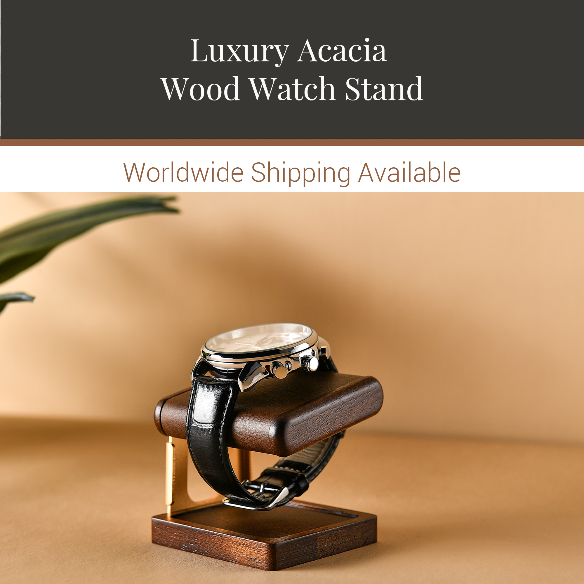 a luxury Acacia Wood Watch Stand with a watch placed on top of it. The stand is made of wood and has a black leather strap. The background of the image is a beige color, and there is a plant visible in the background.
