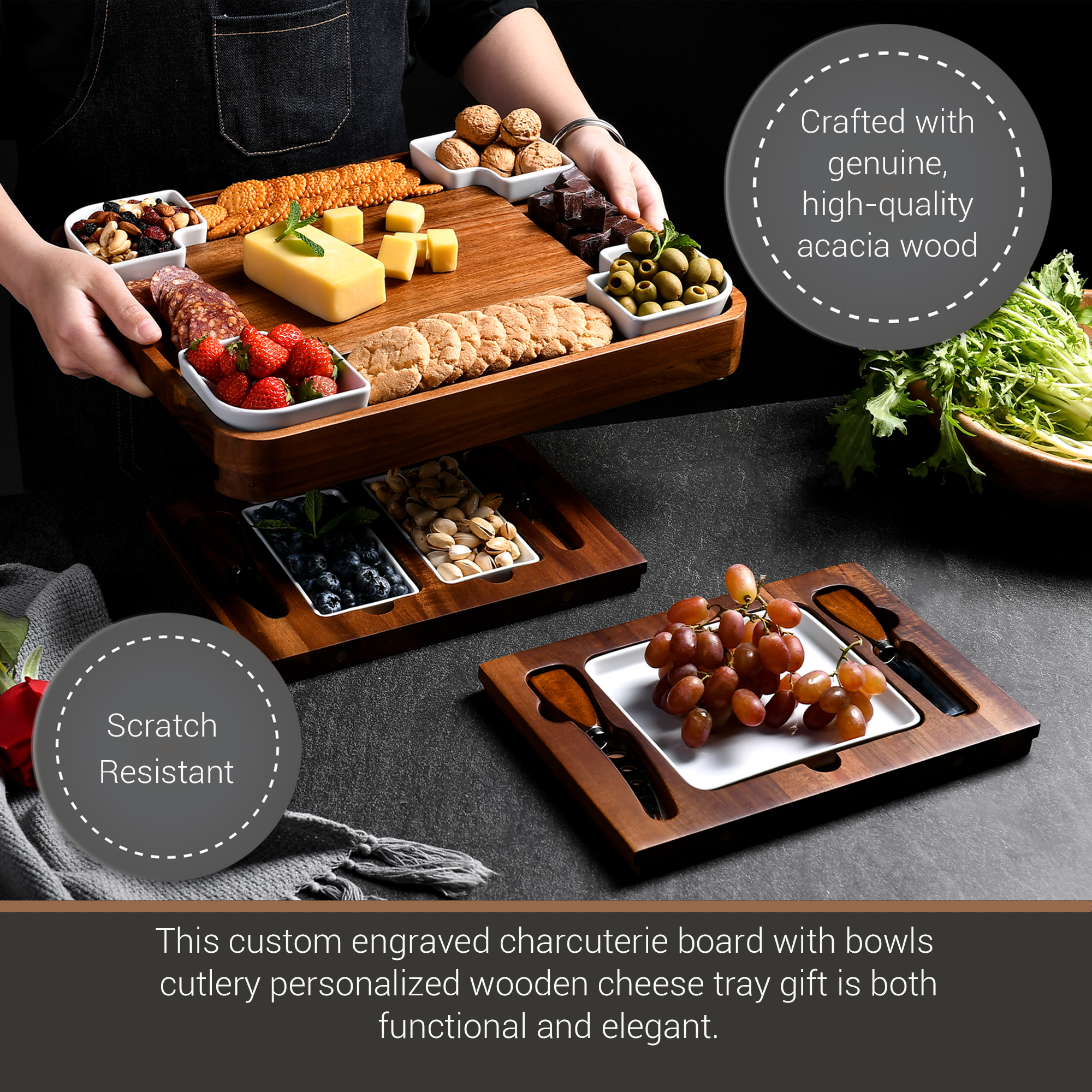 a custom engraved charcuterie board with bowls, cheese tray, and a wooden tray with grapes, nuts, and cheese. The board is made of high-quality acacia wood and is both functional and elegant.