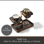 A wooden watch stand with two watches and some accessories on it, designed for multi-purpose use in various settings such as office, desk, hallway, or dresser.