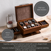 a wooden watch box with eight watches inside