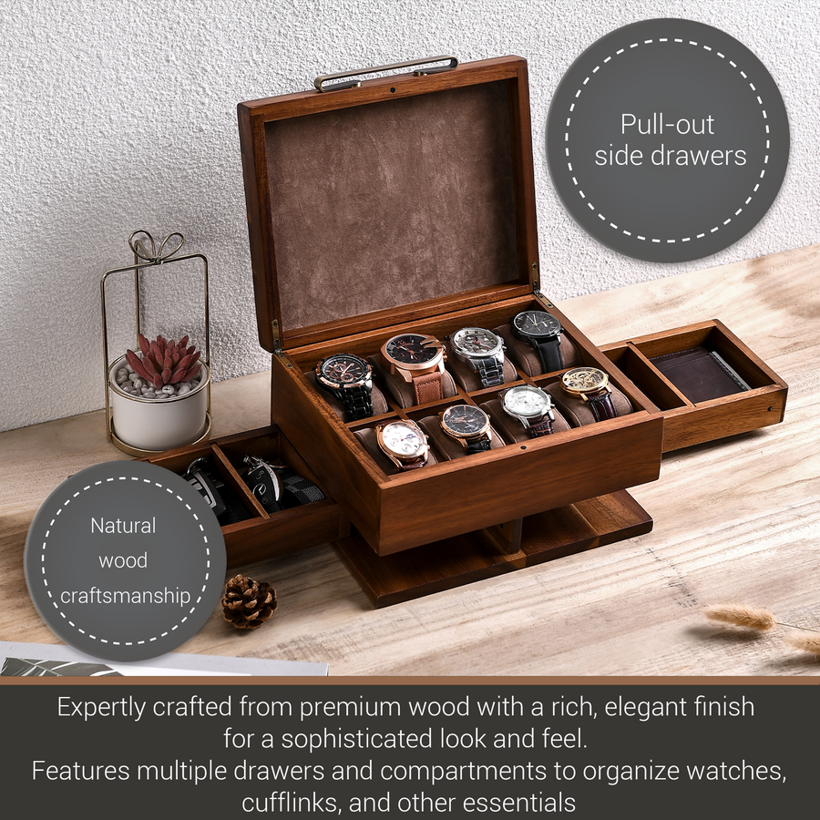 a wooden watch box with eight watches inside
