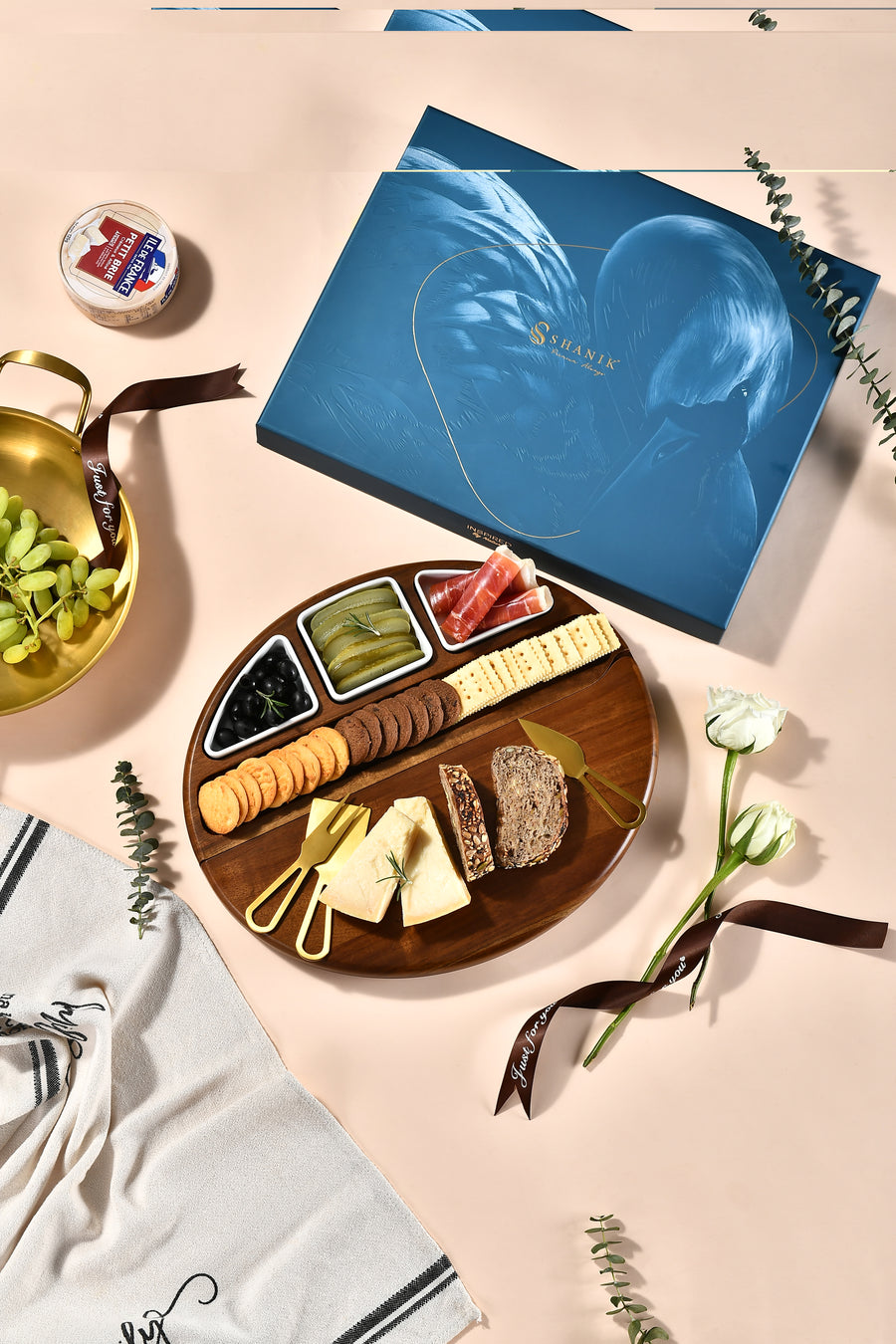 Oval Cheese Board Set - Acacia Wood Charcuterie Board with Nesting Bowls and Utensils