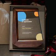 Modern Business Award Recognition Display Custom Geometric Pattern Professional Achievement Token Contemporary Office Style Wood Acrylic Construction Elegant Design Elements Blue Yellow Accents Executive Presentation Gift Corporate
