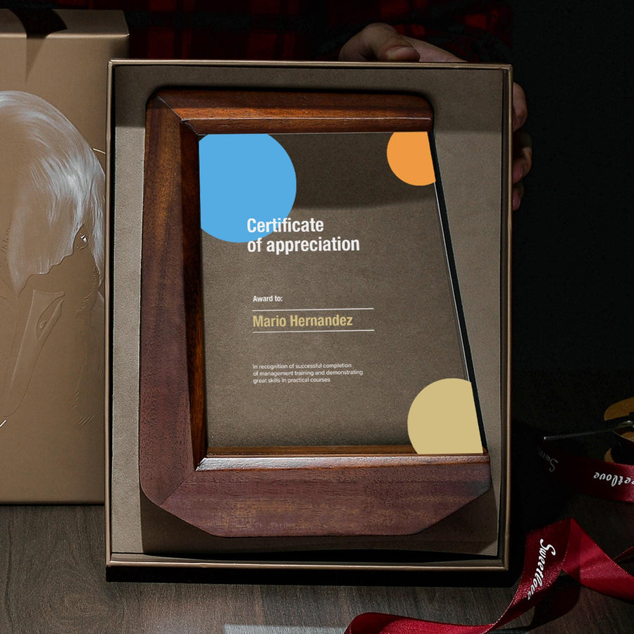 Modern Business Award Recognition Display Custom Geometric Pattern Professional Achievement Token Contemporary Office Style Wood Acrylic Construction Elegant Design Elements Blue Yellow Accents Executive Presentation Gift Corporate