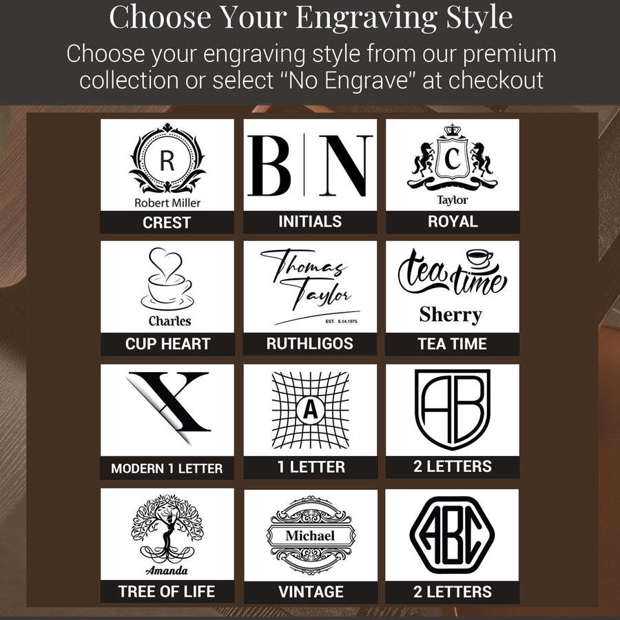 a collection of various engraved styles, including initials, royal, tea time, and other decorative elements.