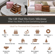 The image is a collage of various gift ideas, including a wooden box, a bed, and a dining table, along with icons representing different gift types such as personal, corporate, and corporate gifts.