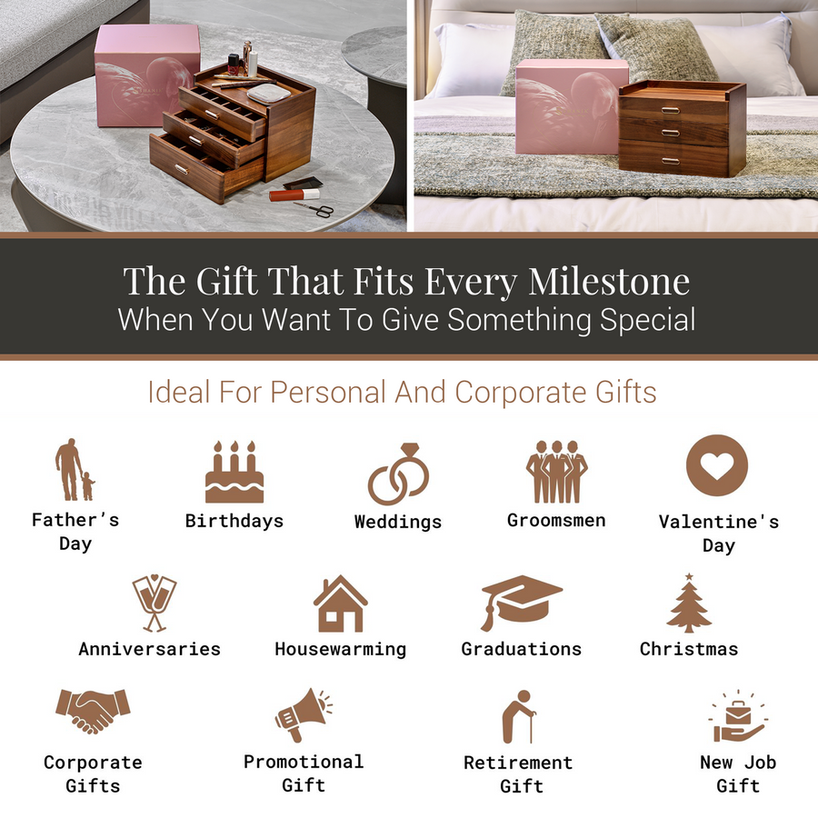 The image is a collage of various gift ideas, including a wooden box, a bed, and a dining table, along with icons representing different gift types such as personal, corporate, and corporate gifts.