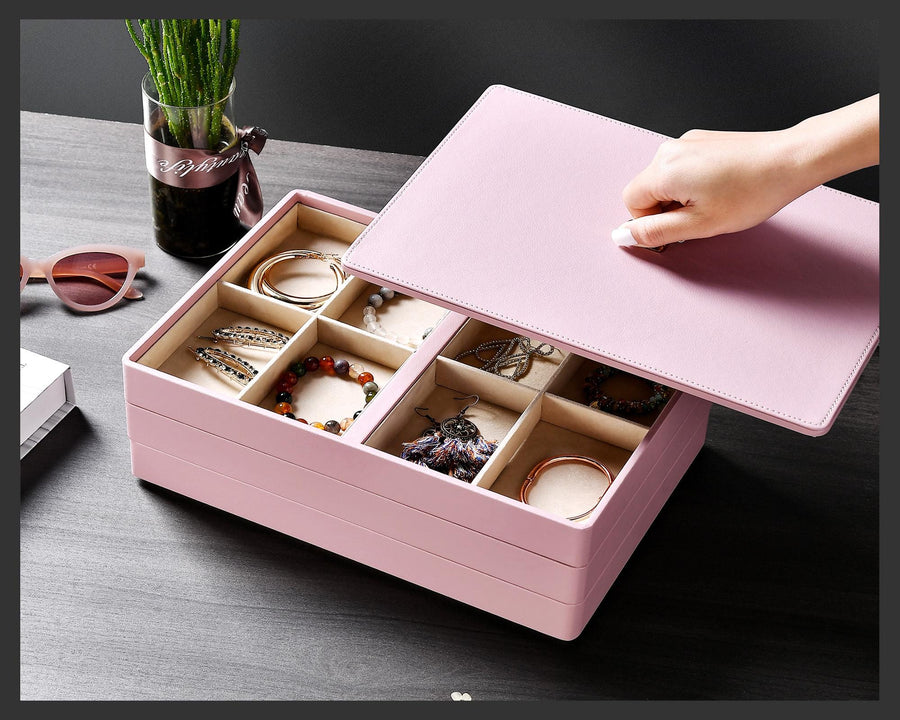 Pink Vegan Leather Stackable Jewelry Trays  Custom Jewelry Box for Women  Personalized Jewelry Case and Makeup Organizer
