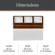 a rectangular wooden tray with three compartments, placed on a white surface. The tray has a wooden handle on the left side. The dimensions of the tray are 40 cm (15.8 inches) in length, 30.4 cm (12 inches) in width, and 2.7 cm (1.5 inches) in depth.
