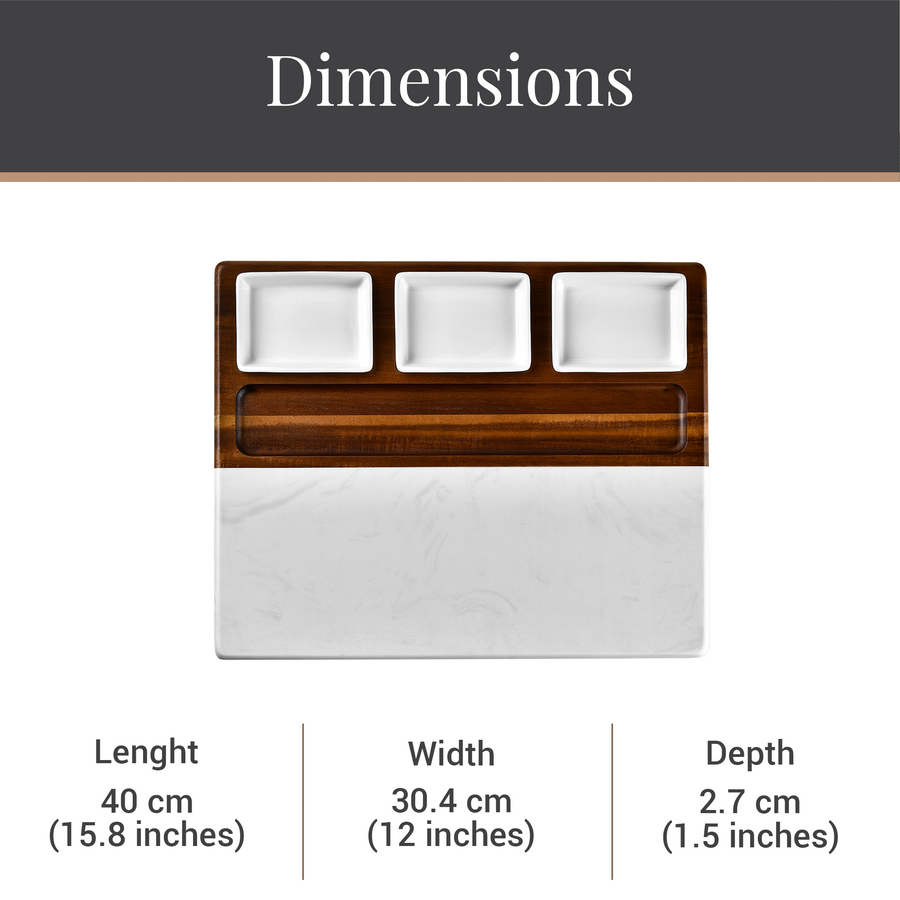 a rectangular wooden tray with three compartments, placed on a white surface. The tray has a wooden handle on the left side. The dimensions of the tray are 40 cm (15.8 inches) in length, 30.4 cm (12 inches) in width, and 2.7 cm (1.5 inches) in depth.