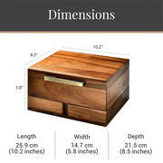 a wooden box with dimensions and measurements provided.