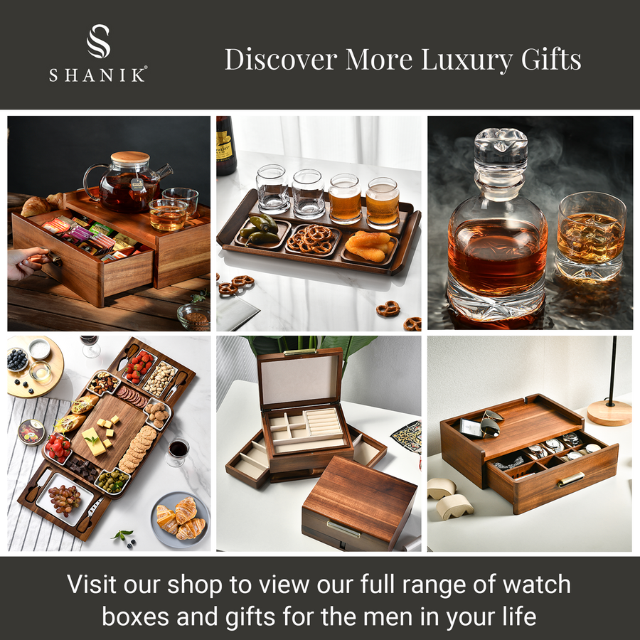 The image is a collage of six different images showcasing various luxury gift items, including a wooden tray with snacks, a wooden box with a watch, a wooden box with a watch, a wooden box with a watch, a wooden box with a watch, and a wooden box with a watch. The images are arranged in a grid format, with each image featuring a different luxury gift item.