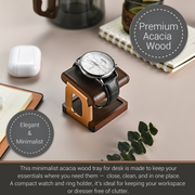 a minimalist acacia wood desk tray that is designed to keep essential items like a watch and ring holder organized and easily accessible. The tray is made of wood and has a simple, functional design. It is placed on a desk, with a book and a mug visible in the background. The image also includes text that describes the tray as a "Premium Acacia Wood" and a "Minimalist" design, suggesting that it is a stylish and practical addition to a workspace.