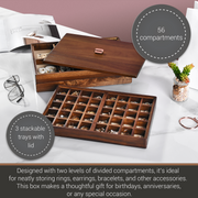 a wooden jewelry box with multiple compartments, designed with two levels of divided compartments, which makes it ideal for neatly storing rings, earrings, bracelets, and other accessories. The box is described as ideal for birthdays, anniversaries, or any special occasion.