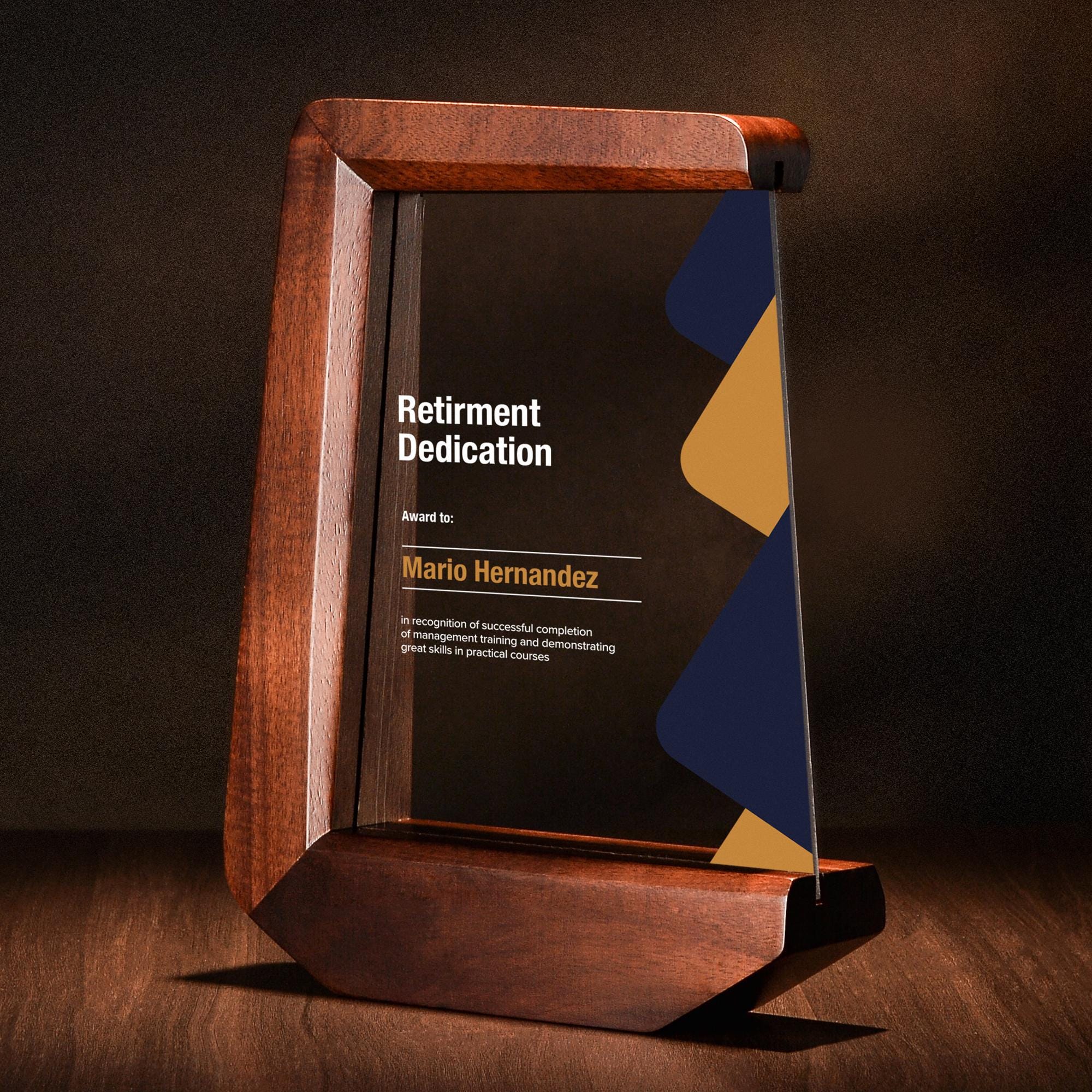 Modern Award Plaque Professional Recognition Display Custom Geometric Pattern Design Premium Wood Acrylic Construction Blue Yellow Circular Accents Business Achievement Gift Elegant Office Display Contemporary Style Pattern Options