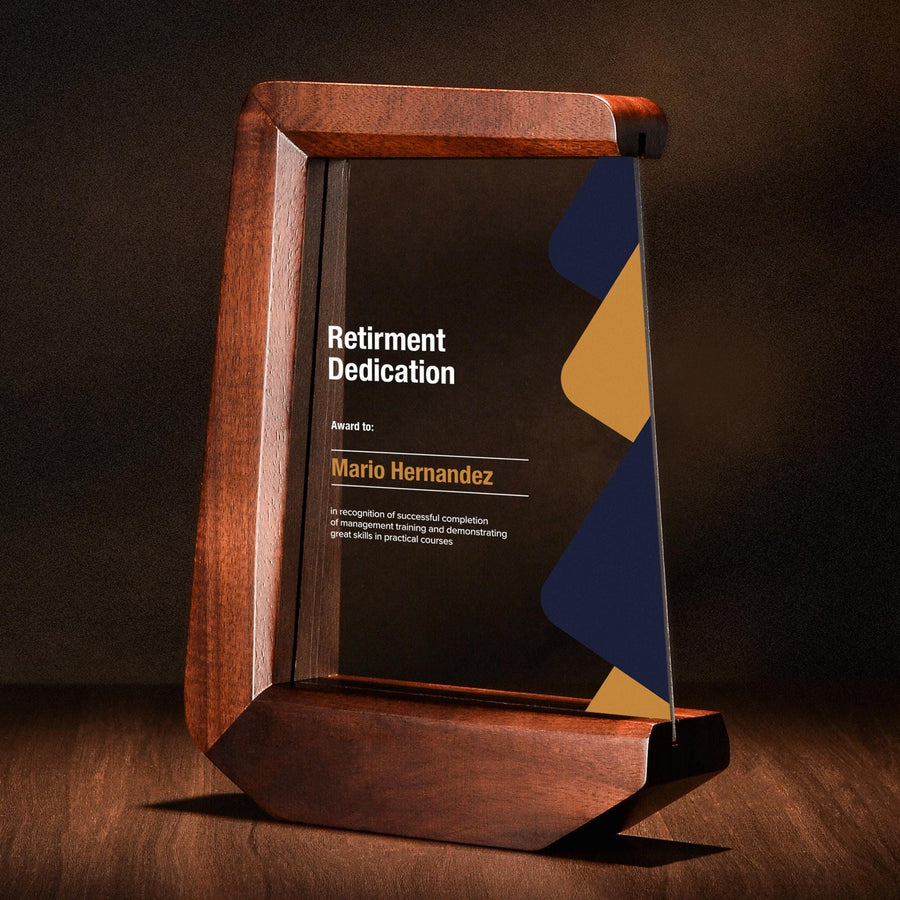 Modern Award Plaque Professional Recognition Display Custom Geometric Pattern Design Premium Wood Acrylic Construction Blue Yellow Circular Accents Business Achievement Gift Elegant Office Display Contemporary Style Pattern Options