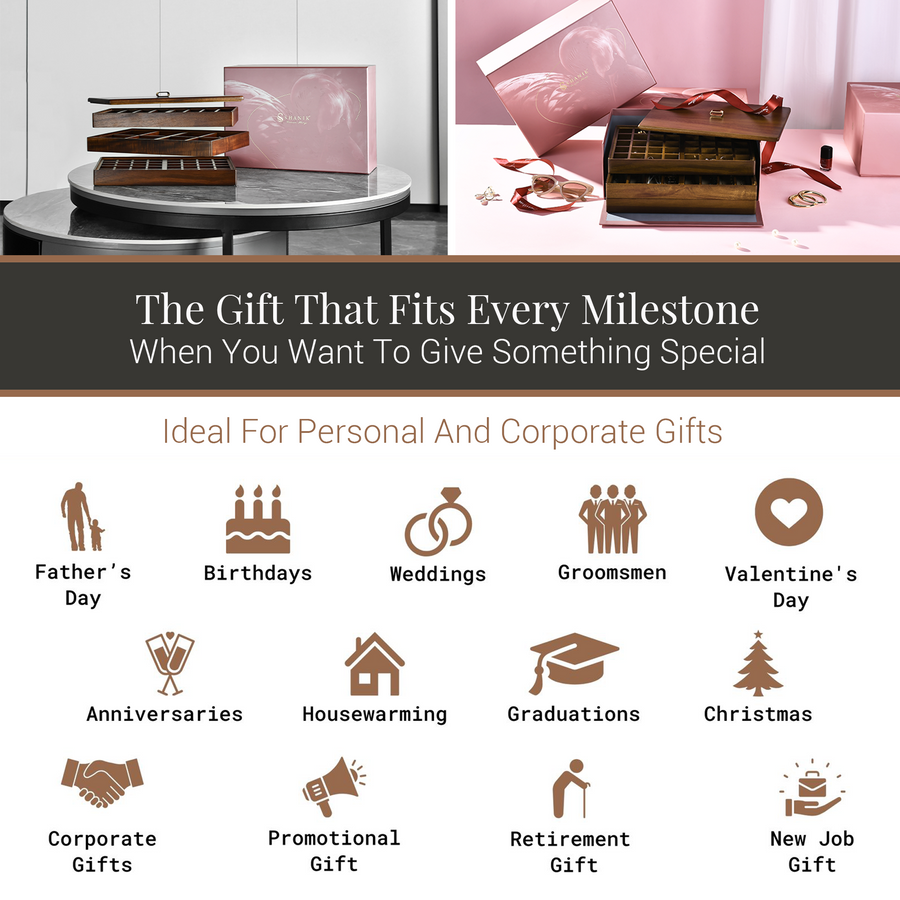 The image is a collage of various gift ideas, including personal and corporate gifts, such as a father's day gift, a wedding gift, a housewarming gift, a graduation gift, a Christmas gift, a housewarming gift, a promotional gift, a retirement gift, and a new job gift.
