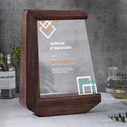 Contemporary Recognition Award Modern Pattern Design Premium Wood Construction Professional Achievement Display Custom Geometric Details Blue Yellow Accents Business Presentation Gift Elegant Office Decoration Executive Honor Token