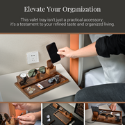The image is a collage of three photos showing a person using a wooden tray to organize and charge their electronic devices, including a smartphone, a tablet, and a pair of glasses.