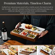 The image showcases a wooden serving board with various food items, including cheese, crackers, and olives, arranged on it. The board is being held by a person, who is also holding a bottle of wine. The image also includes a close-up of a person cutting cheese and a close-up of a person serving food from the board.