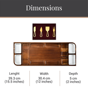 a wooden serving platter with four compartments, each containing a different type of serving utensil, such as a knife, a spatula, a ladle, and a serving spoon. The platter is made of wood and has a length of 39.3 cm (15.5 inches), a width of 30.4 cm (12 inches), and a depth of 5 cm (2 inches).