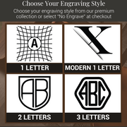 four different engraved letter designs, each with a unique style: 1 letter, 2 letters, and 3 letters. The styles include a modern monogram, a shield-shaped monogram, and a traditional monogram.