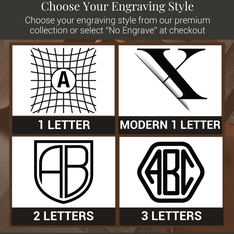 four different engraved letter designs, each with a unique style: 1 letter, 2 letters, and 3 letters. The styles include a modern monogram, a shield-shaped monogram, and a traditional monogram.