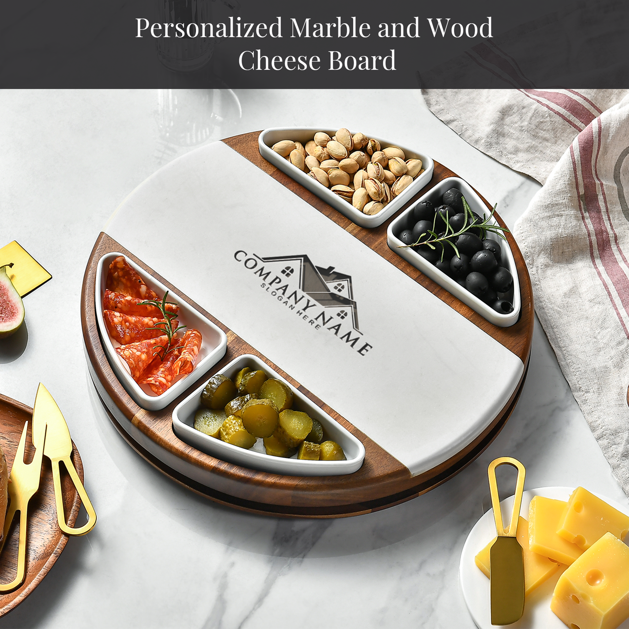 A round wooden cheese board with various food items, including cheese, crackers, nuts, olives, and pickles, arranged on a marble surface.