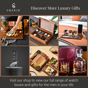 The image is a collage of six different images showcasing various luxury gifts and items, including a wooden box, a wooden tray with a glass, a wooden box with a watch, a wooden box with a pair of sunglasses, a wooden box with a watch, and a bottle of whiskey.