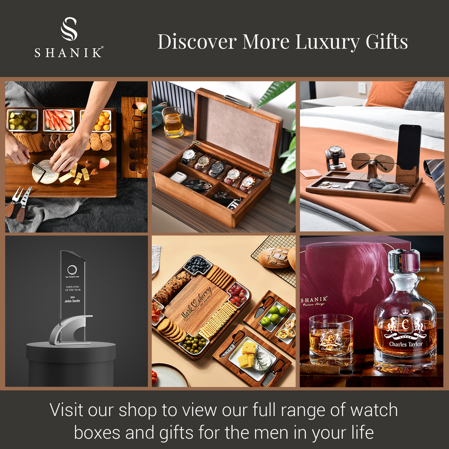 The image is a collage of six different images showcasing various luxury gifts and items, including a wooden box, a wooden tray with a glass, a wooden box with a watch, a wooden box with a pair of sunglasses, a wooden box with a watch, and a bottle of whiskey.