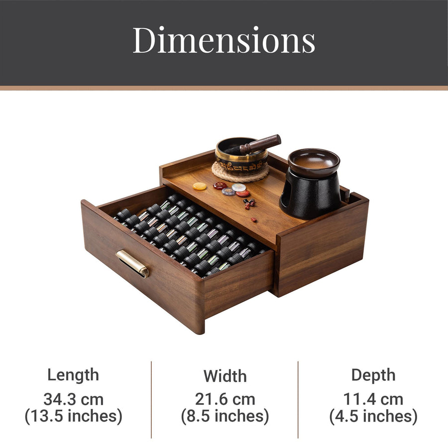 a wooden drawer with various items inside, including a bowl, a cup, and several small objects. The drawer has a total length of 34.3 cm, a width of 21.6 cm, and a depth of 11.4 cm. The image also contains text providing dimensions for the drawer, which are 13.5 inches (8.5 inches) in length, width, and depth.