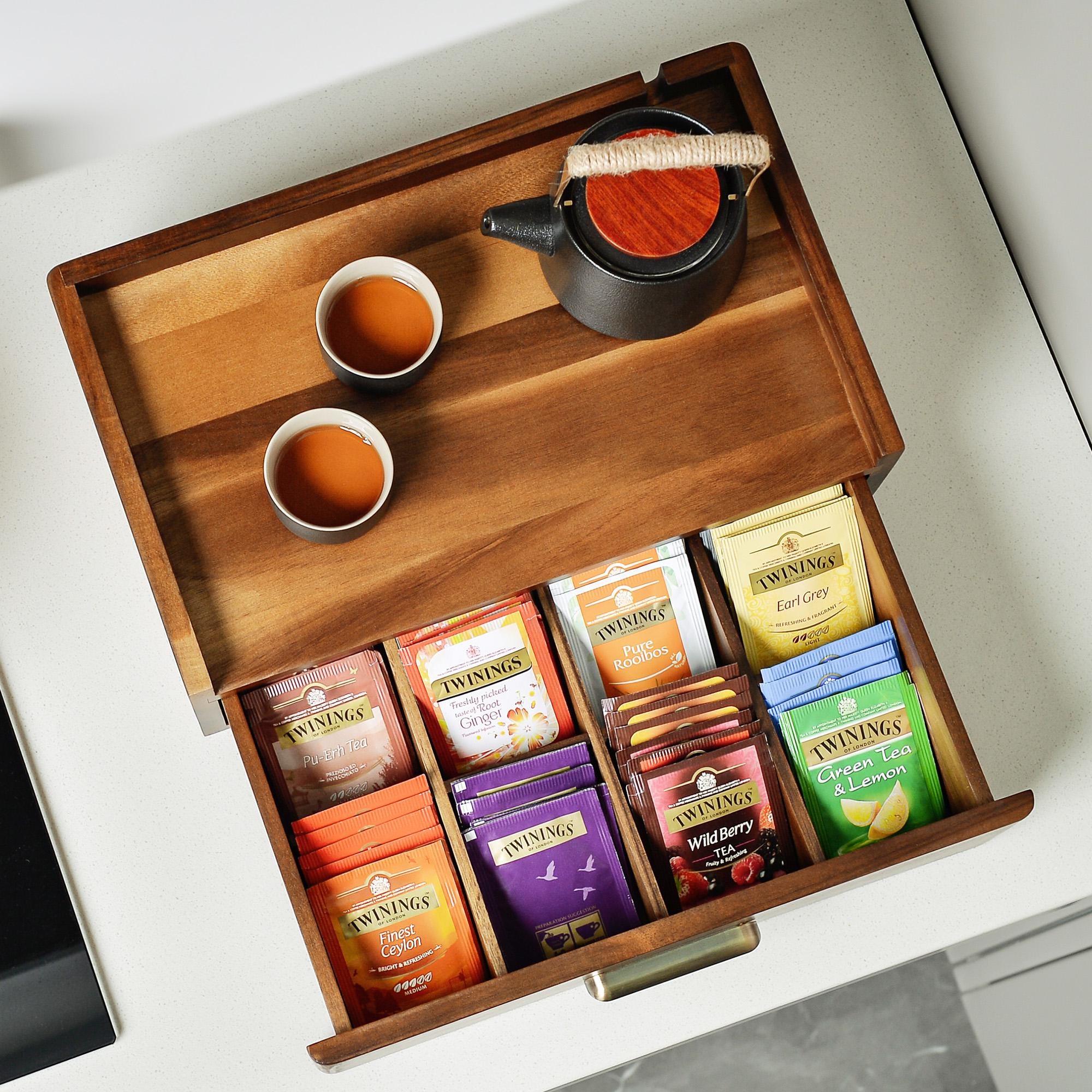 a wooden tray with two cups of tea and a teapot