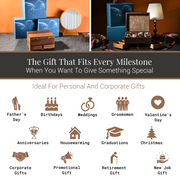 The image is a collage of various gift ideas, including personal and corporate gifts, ideal for different occasions such as Father's Day, birthdays, weddings, groomsmen, Valentine's Day, anniversaries, housewarming, graduations, Christmas, corporate gifts, promotional gifts, retirement gifts, and new job gifts.
