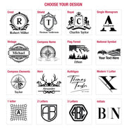 a collection of various personalized design elements, including names, initials, and symbols, presented in a grid format.