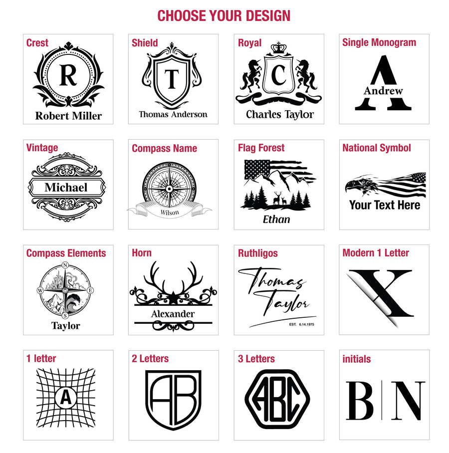 a collection of various personalized design elements, including names, initials, and symbols, presented in a grid format.
