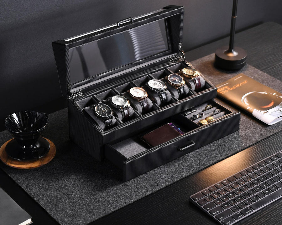 Personalized 2-Tier Leather 6 Slots Watch Display Case Men's Valet Box