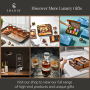 The image is a collage of six different images showcasing various luxury gifts and products, including a tray of glasses, a wooden box, a glass decanter, a trophy, and a drawer with a book and other items.