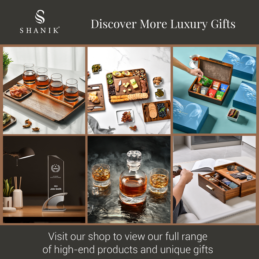 The image is a collage of six different images showcasing various luxury gifts and products, including a tray of glasses, a wooden box, a glass decanter, a trophy, and a drawer with a book and other items.