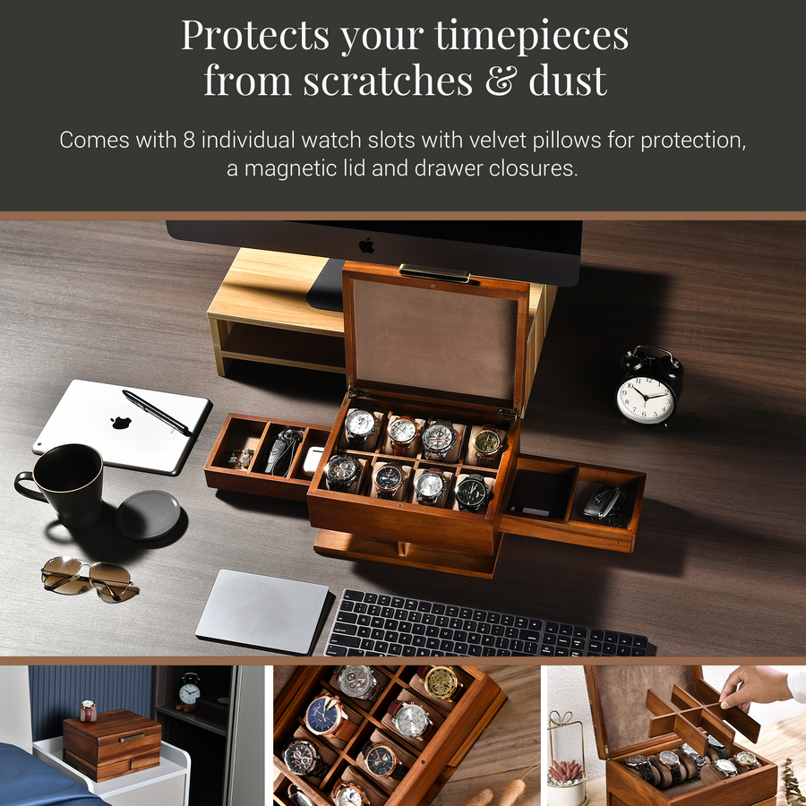 The image showcases a wooden watch storage box with multiple compartments, designed to protect and organize various watch pieces from scratches and dust. The box features 8 individual watch slots with velvet pillows for added protection, a magnetic lid, and drawer closures. The watch storage box is placed on a wooden desk, with a keyboard, a mug, and a pair of sunglasses nearby.