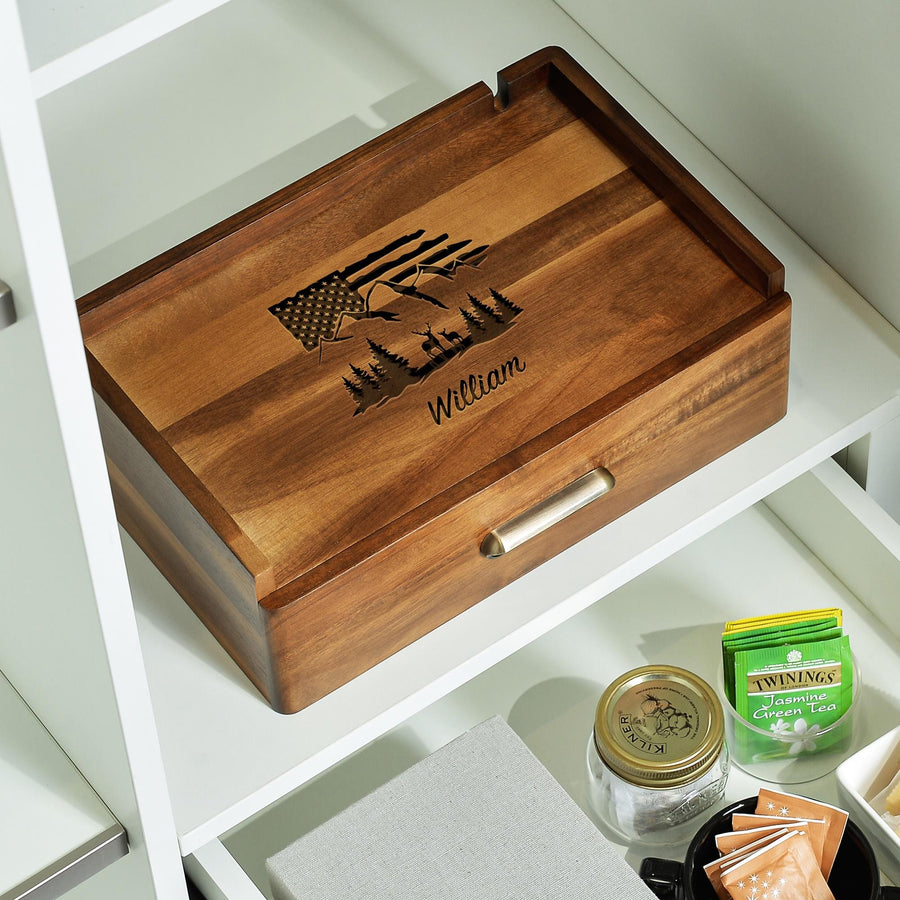 a wooden box sitting on top of a shelf