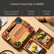 The image showcases a variety of food items and a wooden serving platter, with the text "Custom Engraving Available" indicating that custom engraving is available for the platter. The platter is described as having a custom-engraved design, suggesting that it is personalized and unique. The image also includes a description of the platter's features, such as its custom engraving, timeless design, and premium quality.