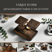 The image showcases a unique wooden watch stand with two compartments, designed to hold and display watches. The stand is positioned on a white surface, surrounded by various items such as a watch, a cup, and a plant. The image also includes a collage of smaller images depicting the watch stand in different settings, highlighting its versatility and functionality.