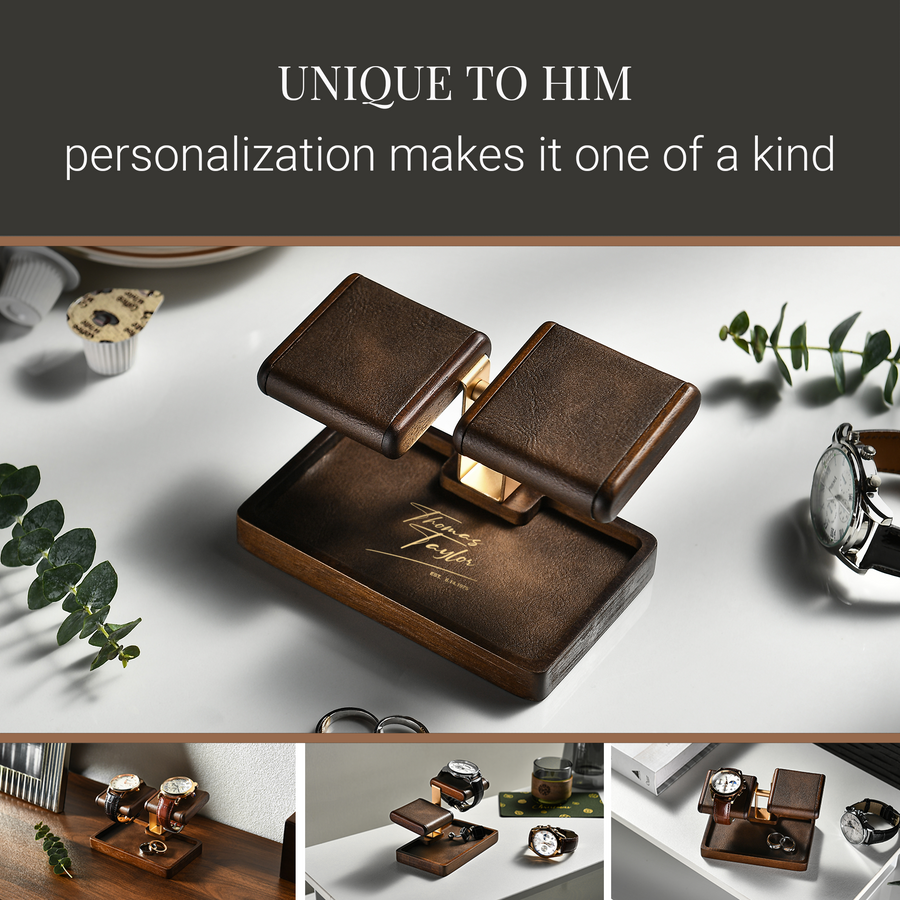 The image showcases a unique wooden watch stand with two compartments, designed to hold and display watches. The stand is positioned on a white surface, surrounded by various items such as a watch, a cup, and a plant. The image also includes a collage of smaller images depicting the watch stand in different settings, highlighting its versatility and functionality.