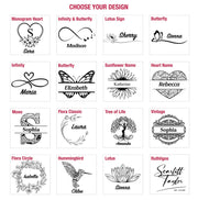 a collection of monogram designs, each featuring a unique name or symbol. The designs include the names 'Sara', 'Madison', 'Sophia', 'Lauren', 'Amanda', 'Sherry', 'Siena', 'Infinity & Butterfly', 'L Lotus Sign', 'Butterfly', 'Mono', 'Flora Classic', 'Sunflower Name', 'Heart Name', 'Mono', 'Flora', 'Flower', 'Hummingsbird', 'L Lotus', 'Ruthligos', and 'Scratch Taylor'.