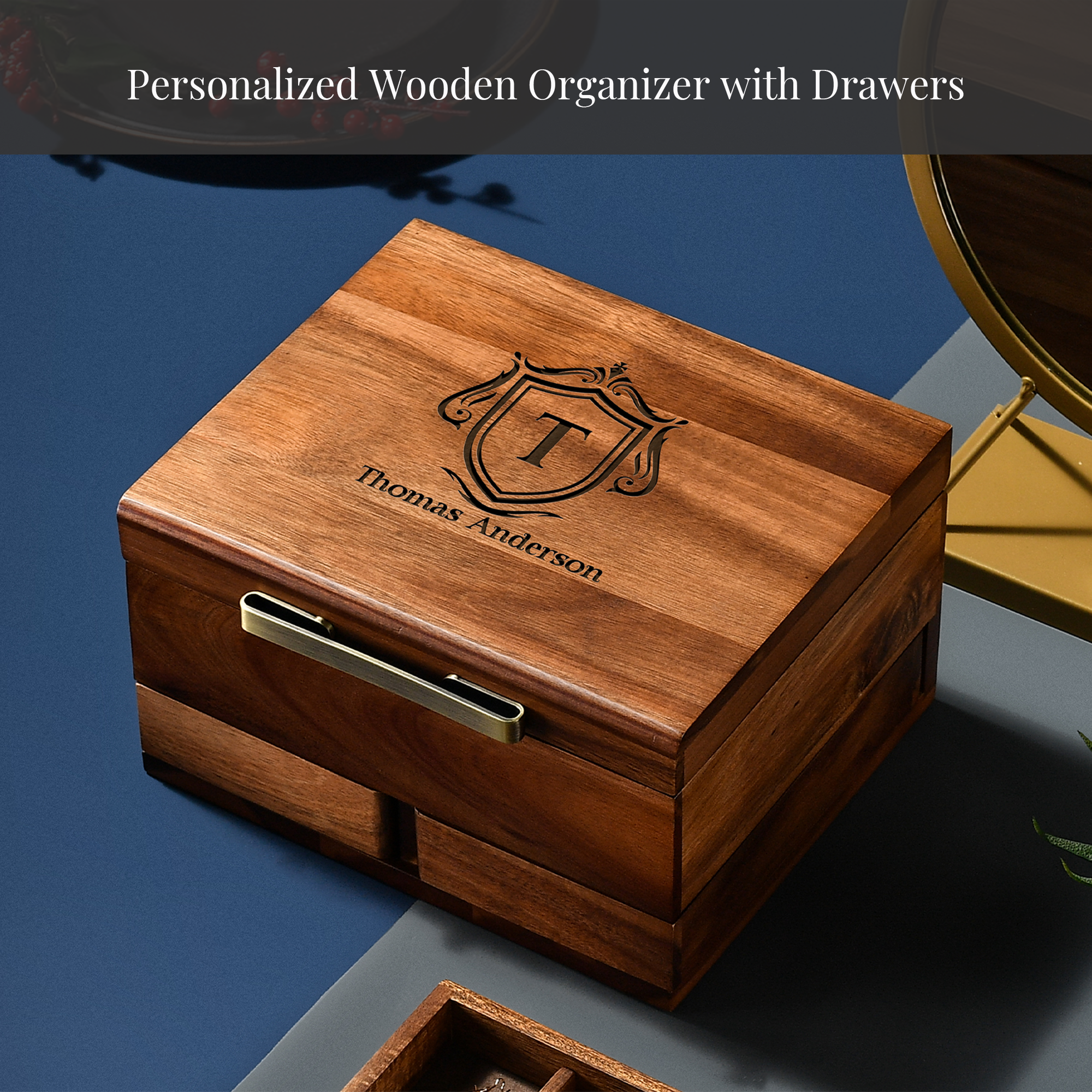 A wooden organizer with drawers, featuring a personalized design and the name "Thomas Anderson" engraved on it.